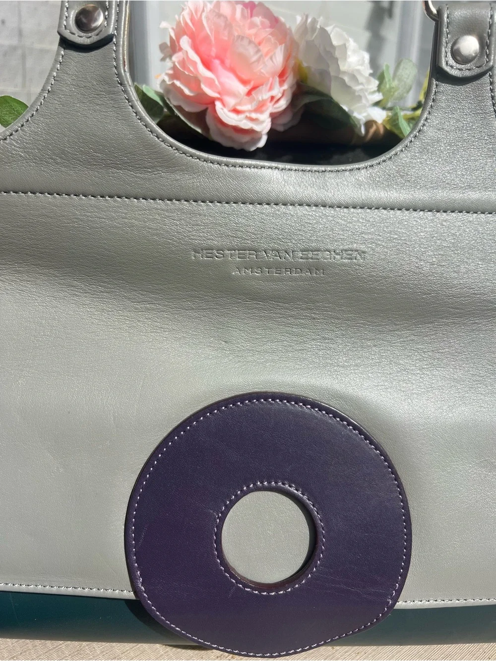 Grey Leather Tote with Purple Accent